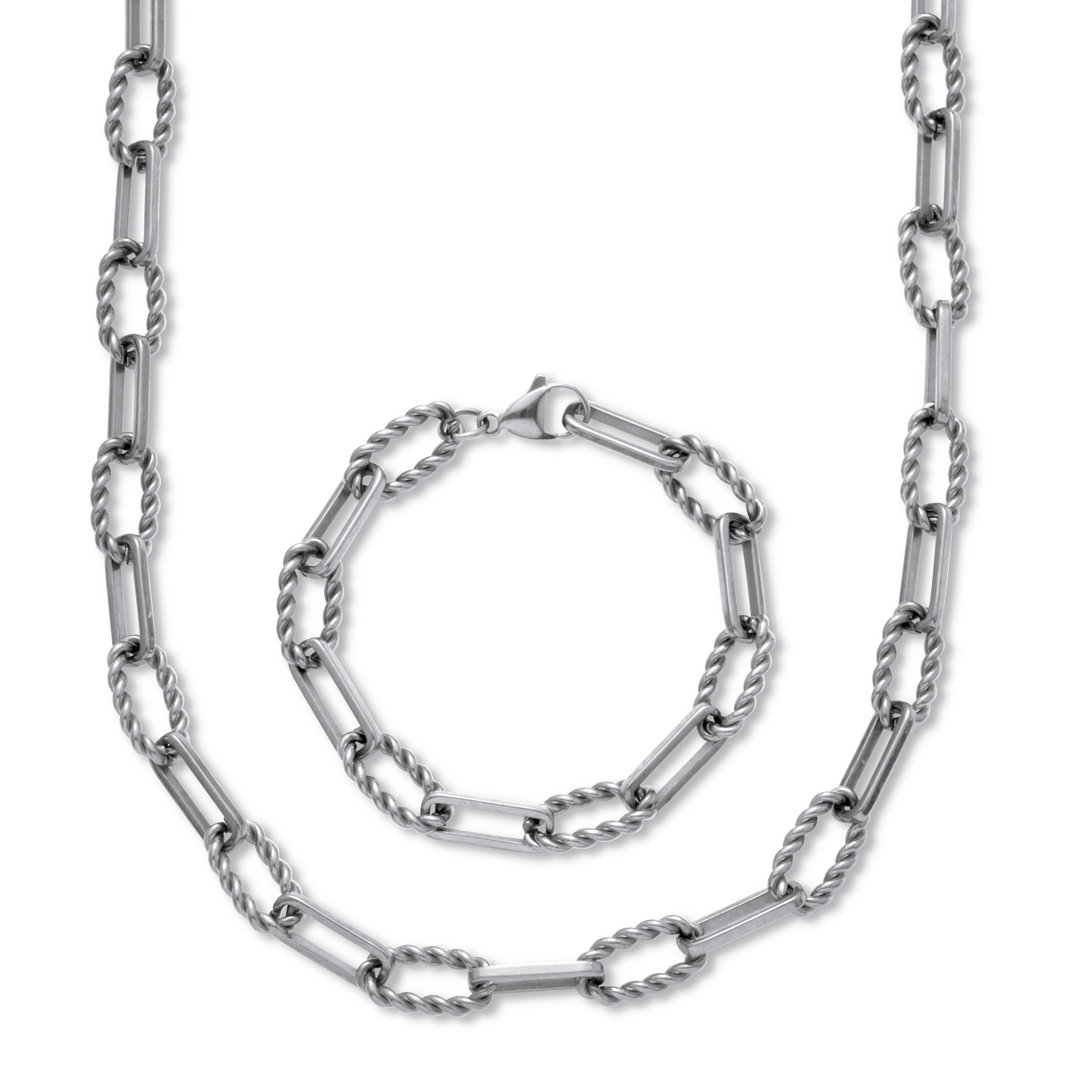 Necklace and Bracelet Stainless Steel Paperclip Chain Jewelry Set, SILVER, hi-res image number 0