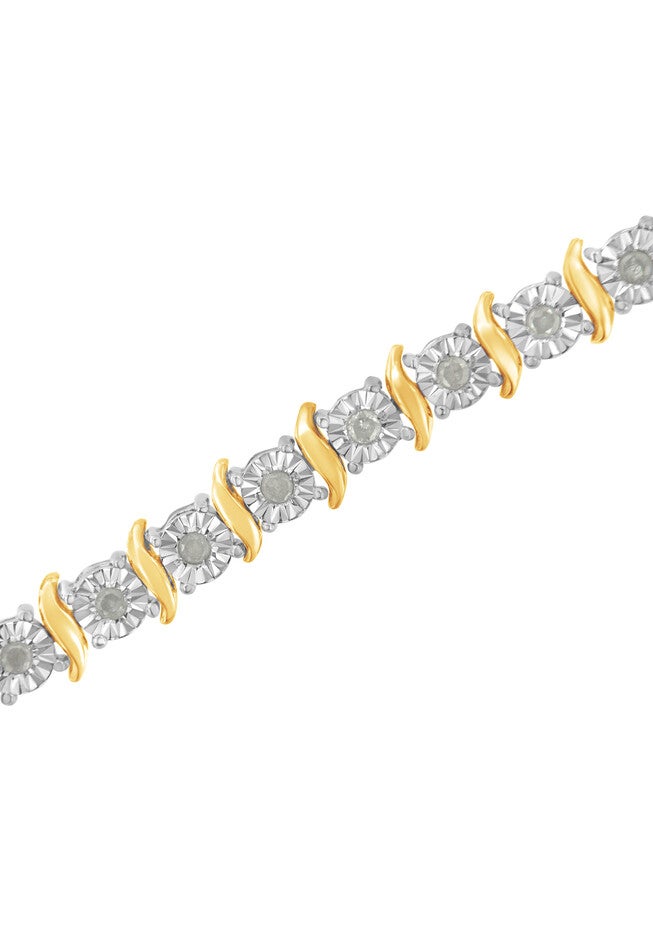 Two Toneyellow Gold Over Sterling Silver Diamond Scurve Link Miracleset Tennis Bracelet 8 inches, , alternate image number null
