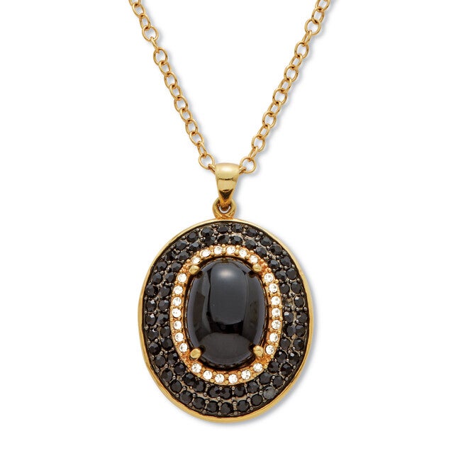 2.58 TCW Oval Genuine Onyx and Cubic Zirconia Gold-Plated Pendant 20 inch, BLACK, hi-res image number null