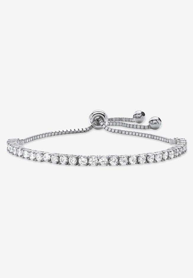 Round Cubic Zirconia, Bolo Bracelet (4mm), in silvertone, 10 inches Adjustable, SILVER, hi-res image number null