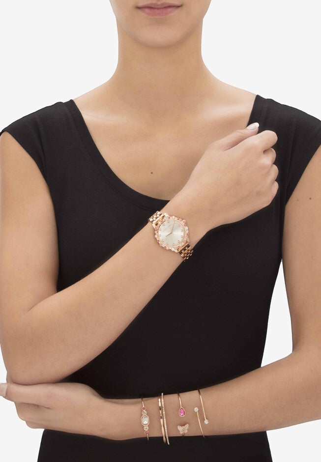 Goldtone Pink Crystal and Simulated Pearl 5 Piece Watch and Butterfly Bracelet Set, 7.5 inches, , alternate image number null
