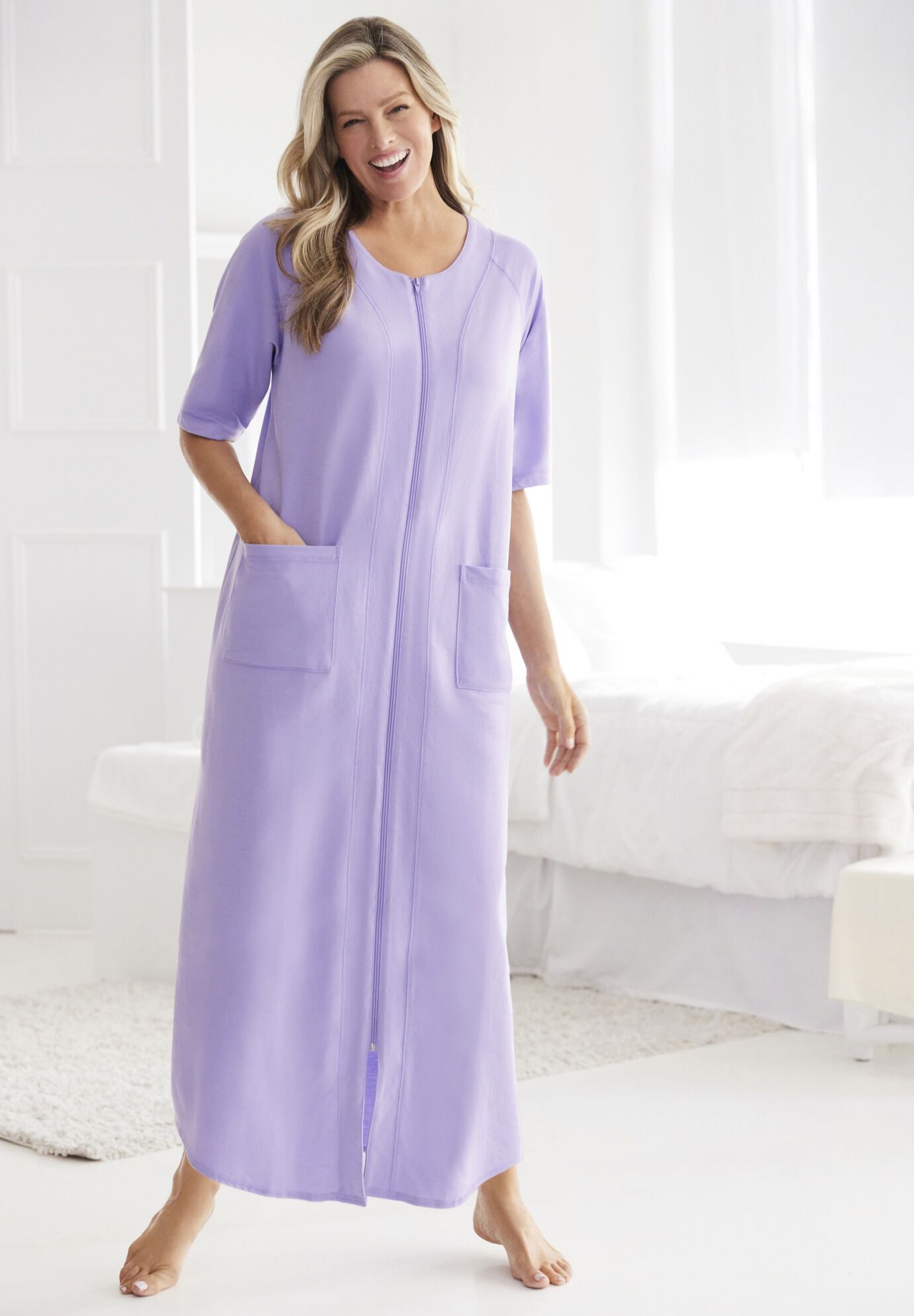Long French Terry Zip-Front Robe, , alternate image number 3