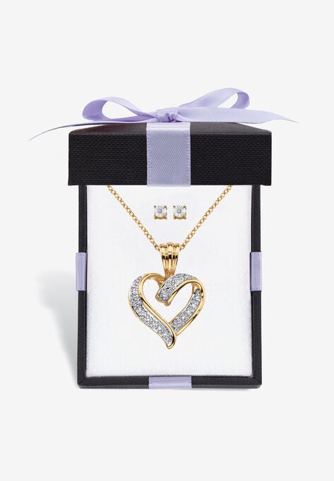 Yellow Gold-Plated Heart Pendant with Genuine Diamond Accent on 18" Chain, DIAMOND, hi-res image number null