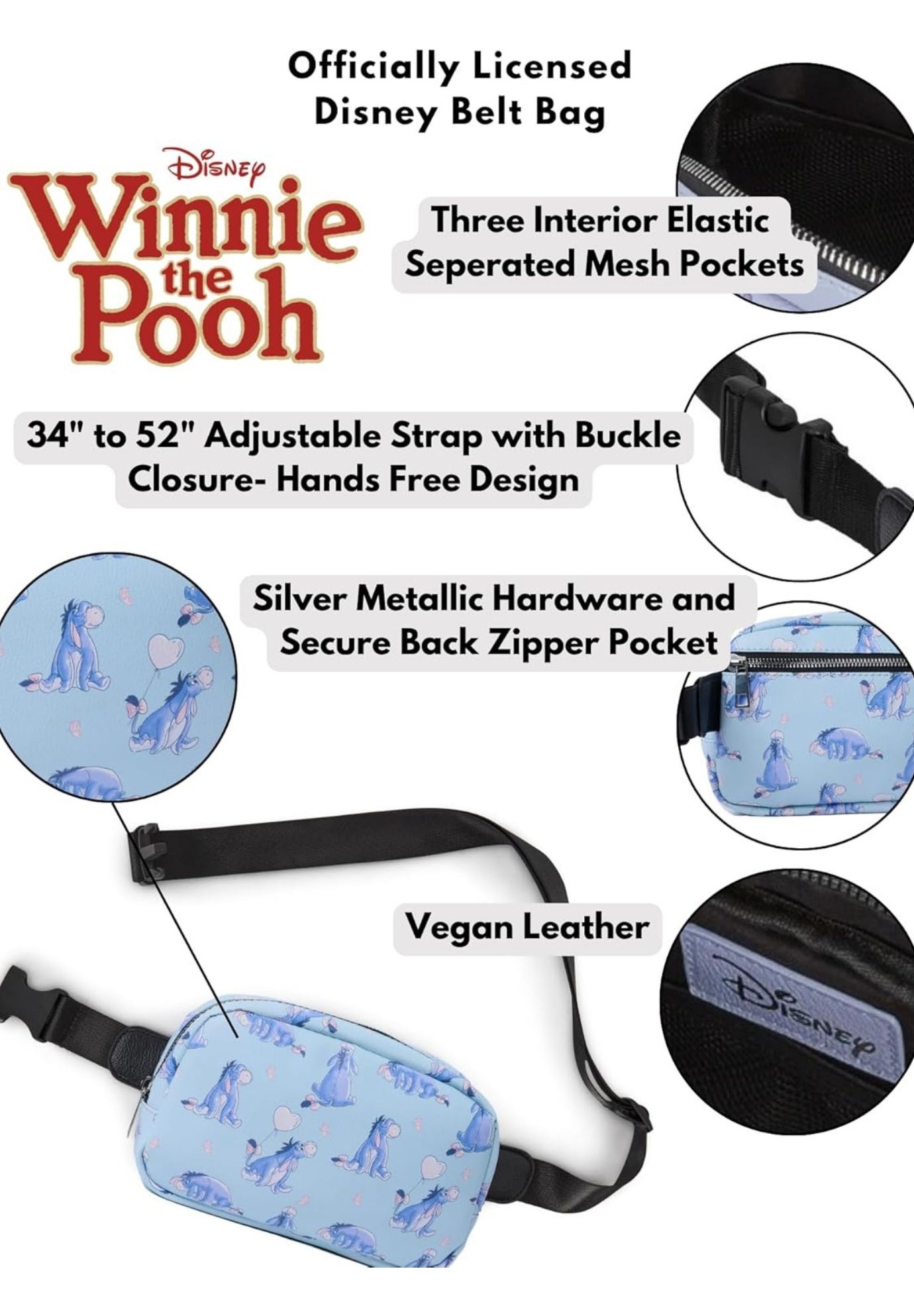 Disney Eeyore Belt Bag Blue Faux Leather Fanny Pack Waist Bag Crossbody Zippered, BLUE, alternate image number 6