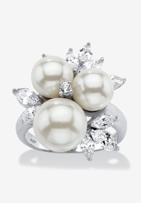 Platinum over Sterling Silver Simulated Pearl and Cubic Zirconia Ring, PLATINUM, hi-res image number null