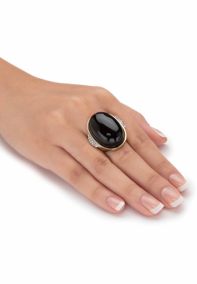 Yellow Gold Ion-Plated Stainless Steel Black Onyx and Crystal Ring, , alternate image number 2