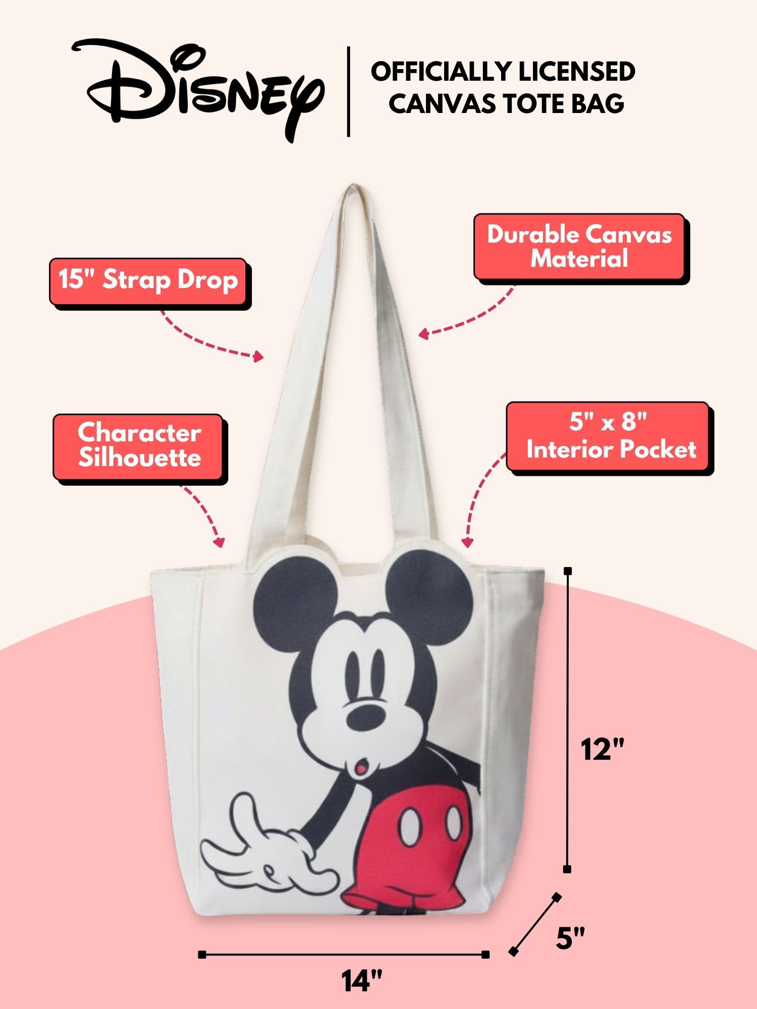 Disney Mickey Mouse Die-Cut Canvas Tote Bag with Shaped Top, BEIGE, alternate image number 6