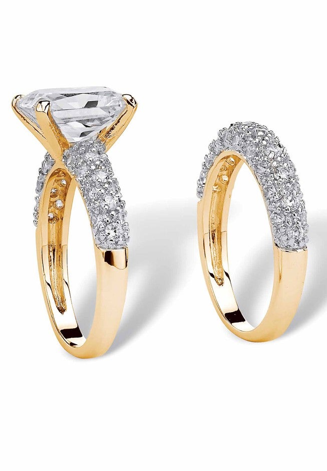 Yellow Gold-Plated Emerald Cut Bridal Ring Set Cubic Zirconia, , on-hover image number 1