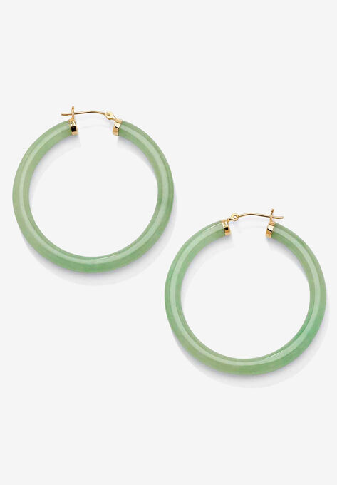10K Yellow Gold Hoop Earrings (45Mm) Round Genuine Green Jade, , on-hover image number null