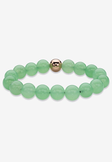 Yellow Gold Stretch Bracelet with Beaded Genuine Green Jade, 7", JADE, hi-res image number null