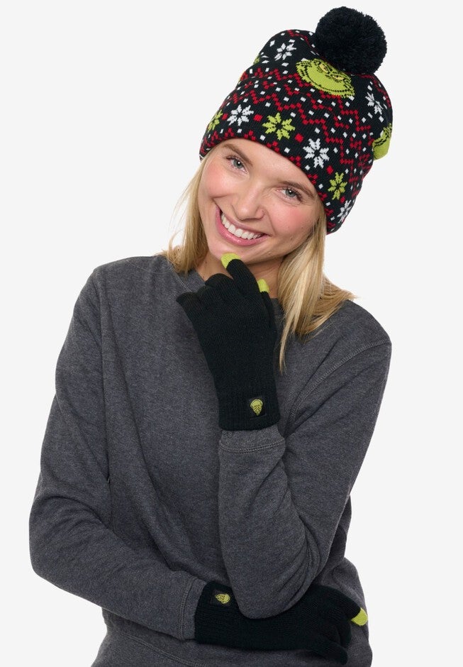 Women's Dr Seuss Grinch Knit Beanie Hat & Touch Screen Gloves Christmas, BLACK, alternate image number null