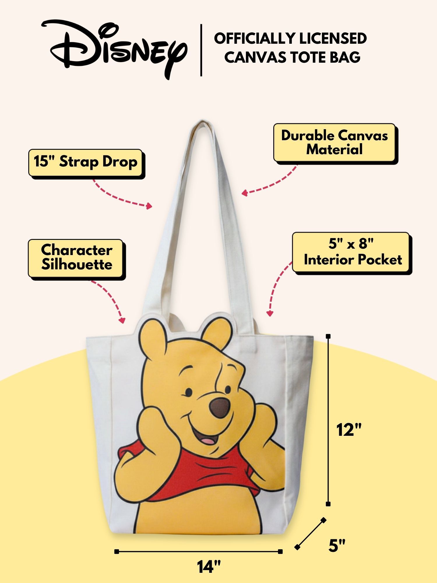 Disney Winnie the Pooh Die-Cut Canvas Tote Bag with Shaped Top, BEIGE, alternate image number 7
