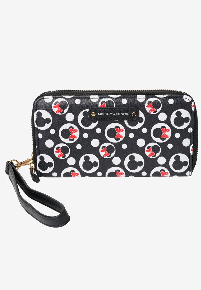 Women'S Mickey & Minnie Icons Black Zip Around Wallet All-Over Print Wristlet, BLACK, hi-res image number 0