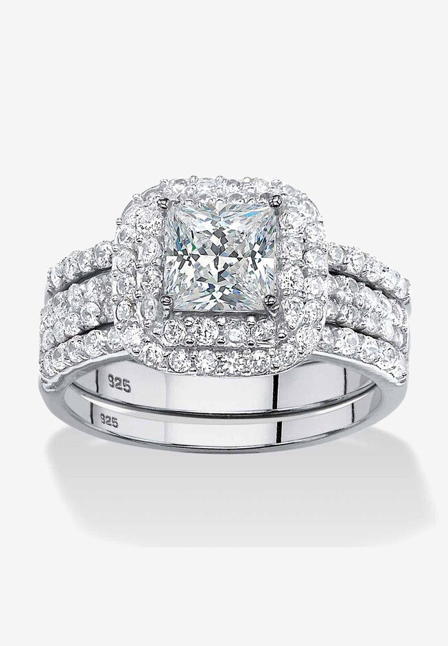 Platinum Over Sterling Silver Cubic Zirconia Halo 3-Piece Bridal Set, CUBIC ZIRCONIA, hi-res image number null