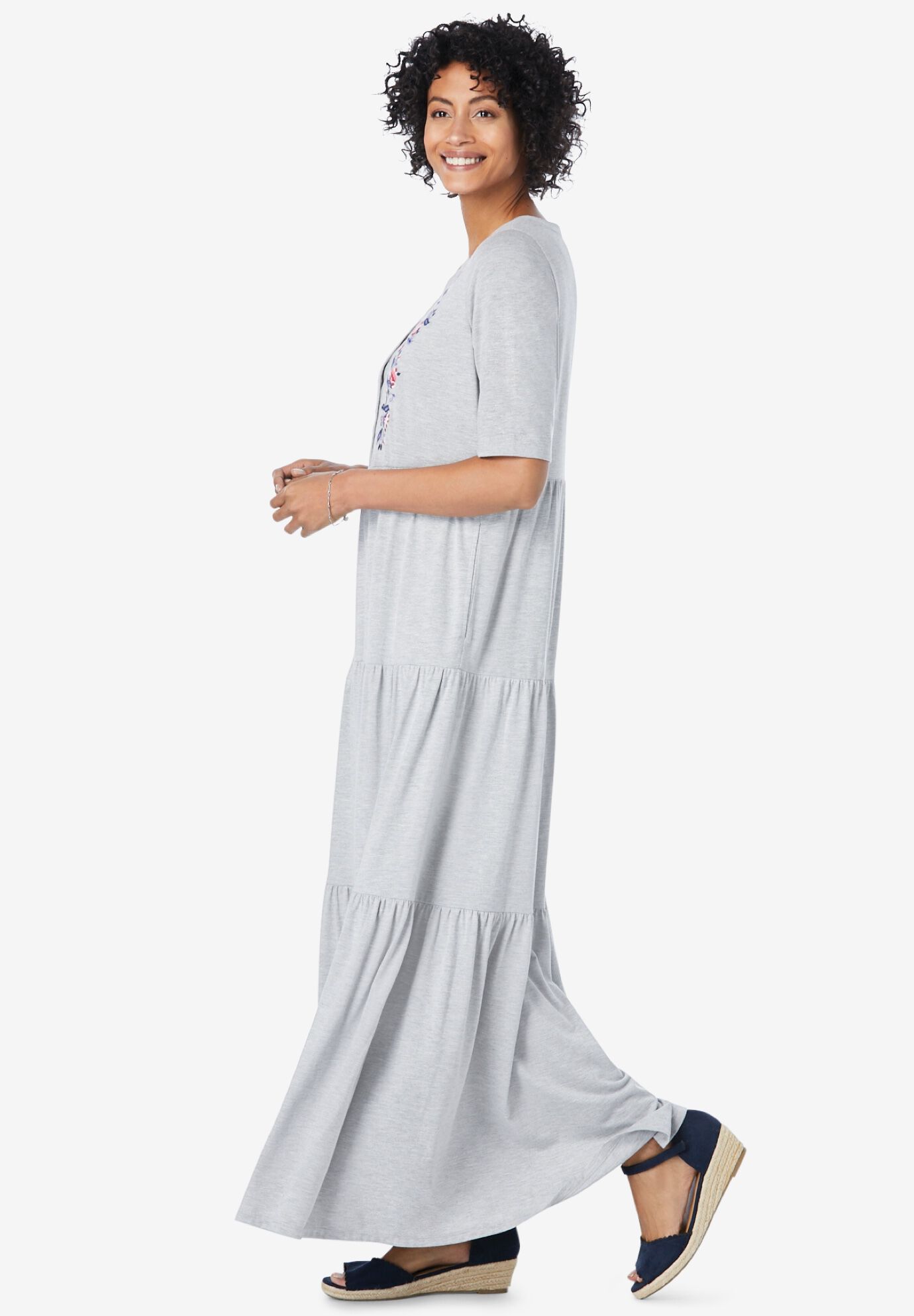 Elbow-Sleeve Tiered Henley Dress, , alternate image number 2