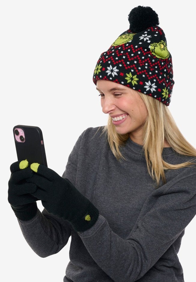 Women's Dr Seuss Grinch Knit Beanie Hat & Touch Screen Gloves Christmas, BLACK, alternate image number null