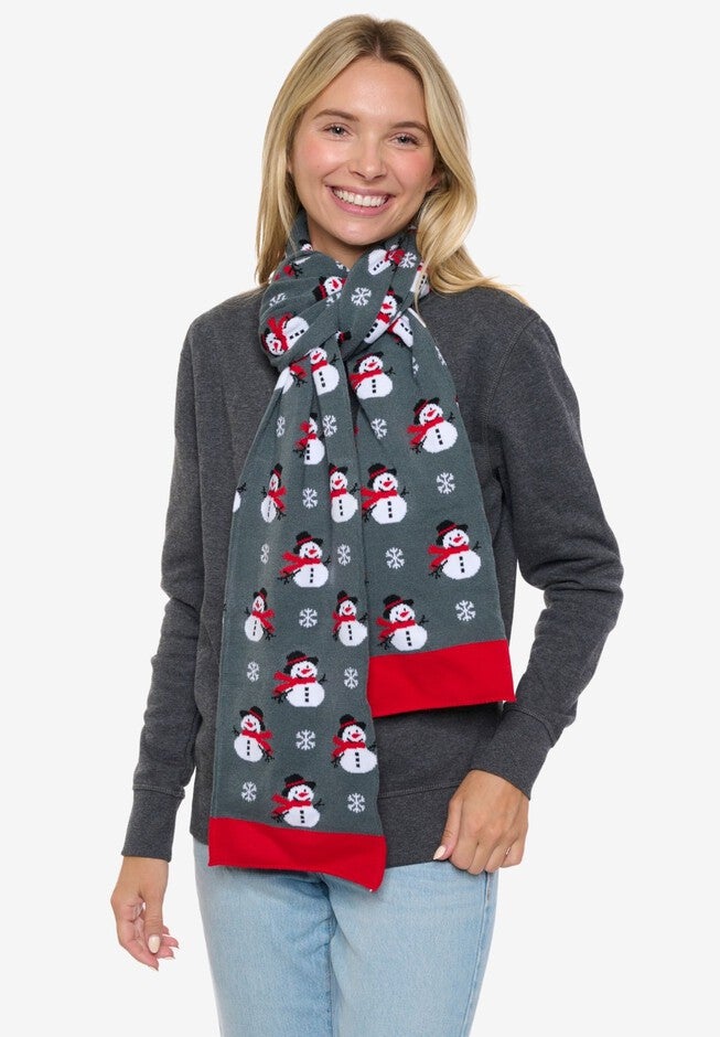 Womens Christmas Snowman Scarf 70 inches Fair Isle Knit Double Sided Print, RED, alternate image number null
