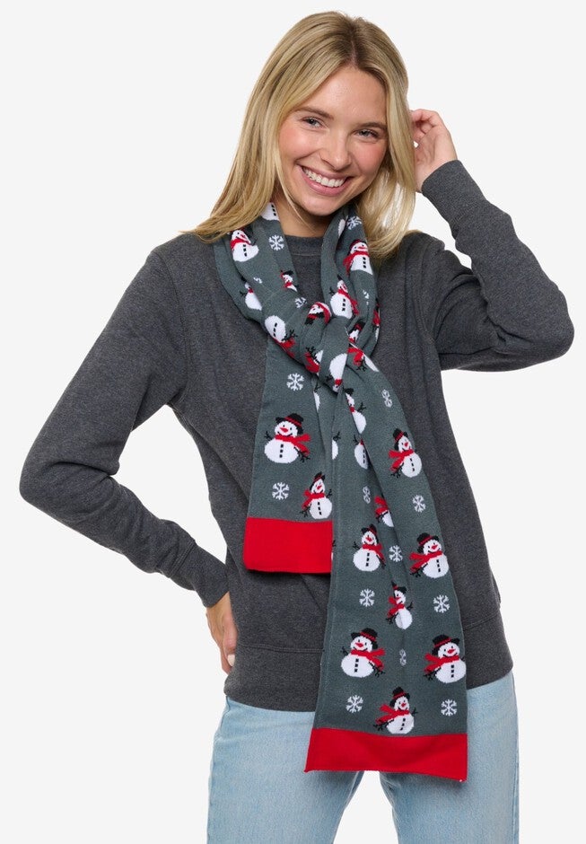 Womens Christmas Snowman Scarf 70 inches Fair Isle Knit Double Sided Print, RED, alternate image number null