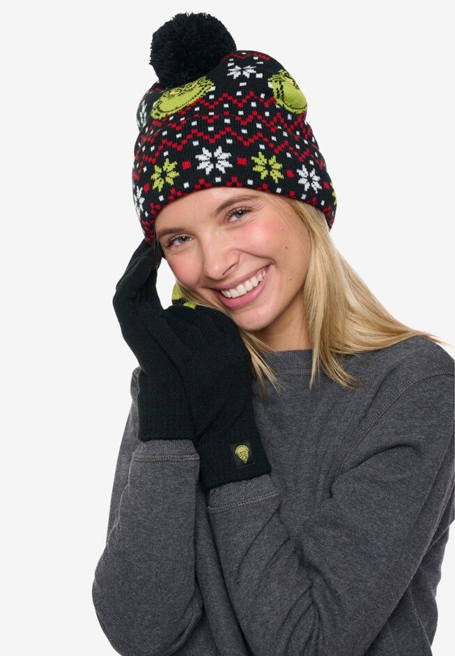 Women's Dr Seuss Grinch Knit Beanie Hat & Touch Screen Gloves Christmas, BLACK, alternate image number null