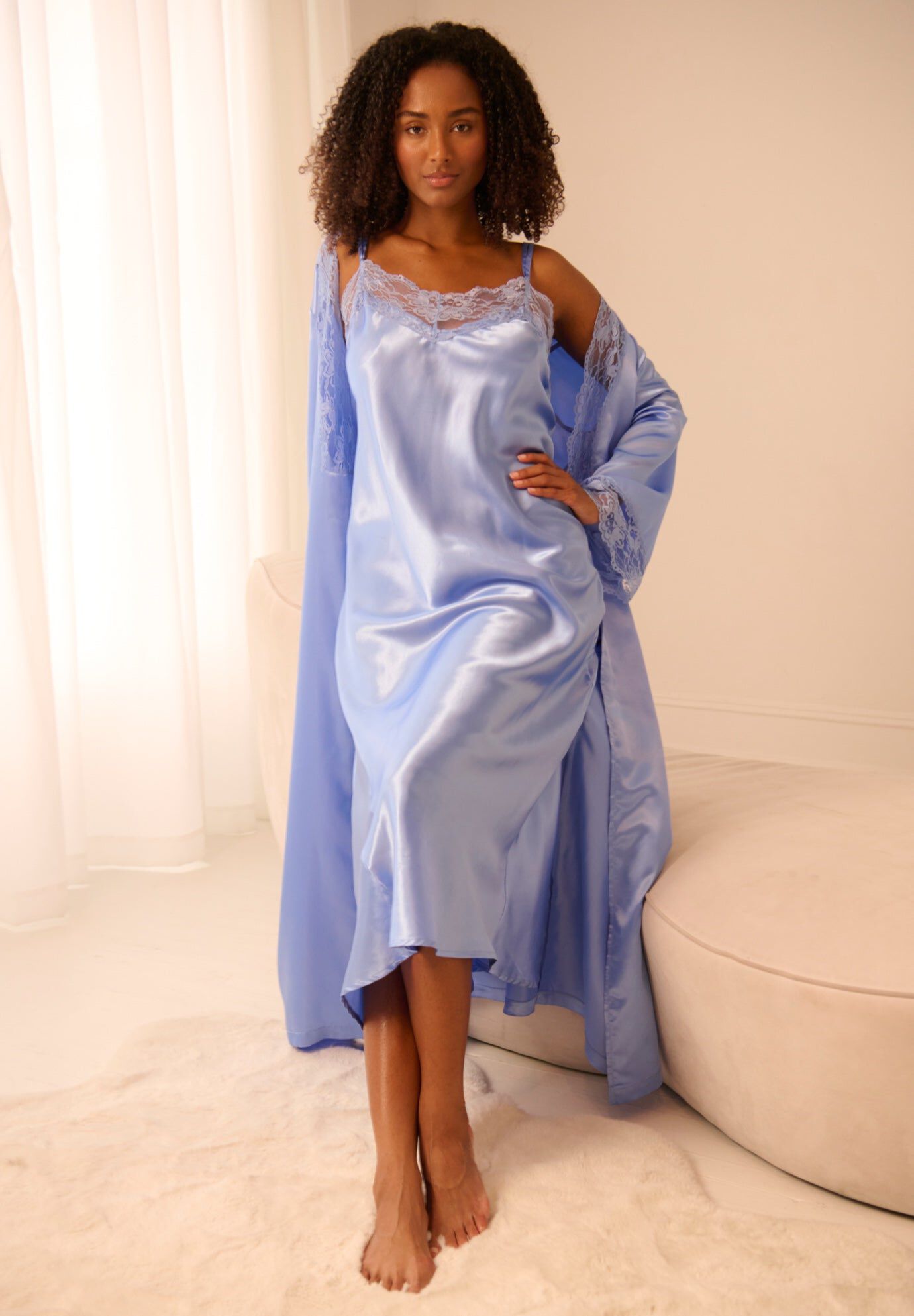 The Luxe Satin Long Peignoir Set, FRENCH BLUE, hi-res image number 0