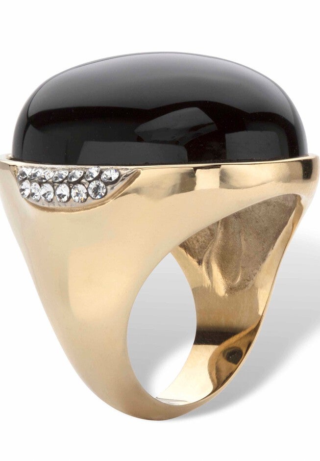 Yellow Gold Ion-Plated Stainless Steel Black Onyx and Crystal Ring, , on-hover image number 1
