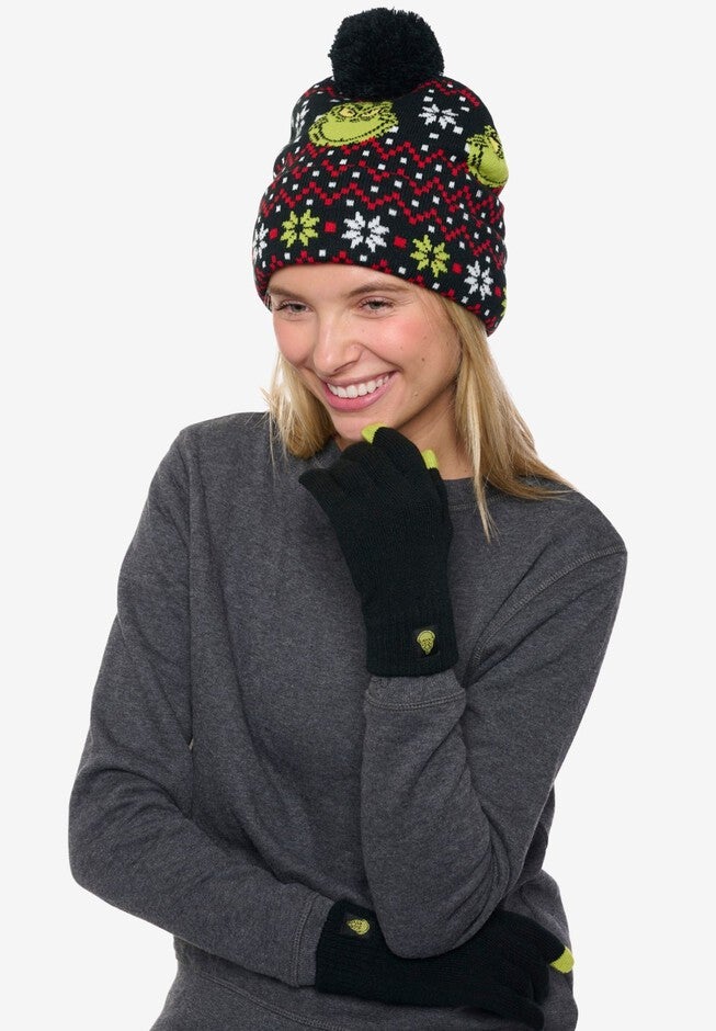 Women's Dr Seuss Grinch Knit Beanie Hat & Touch Screen Gloves Christmas, BLACK, alternate image number null