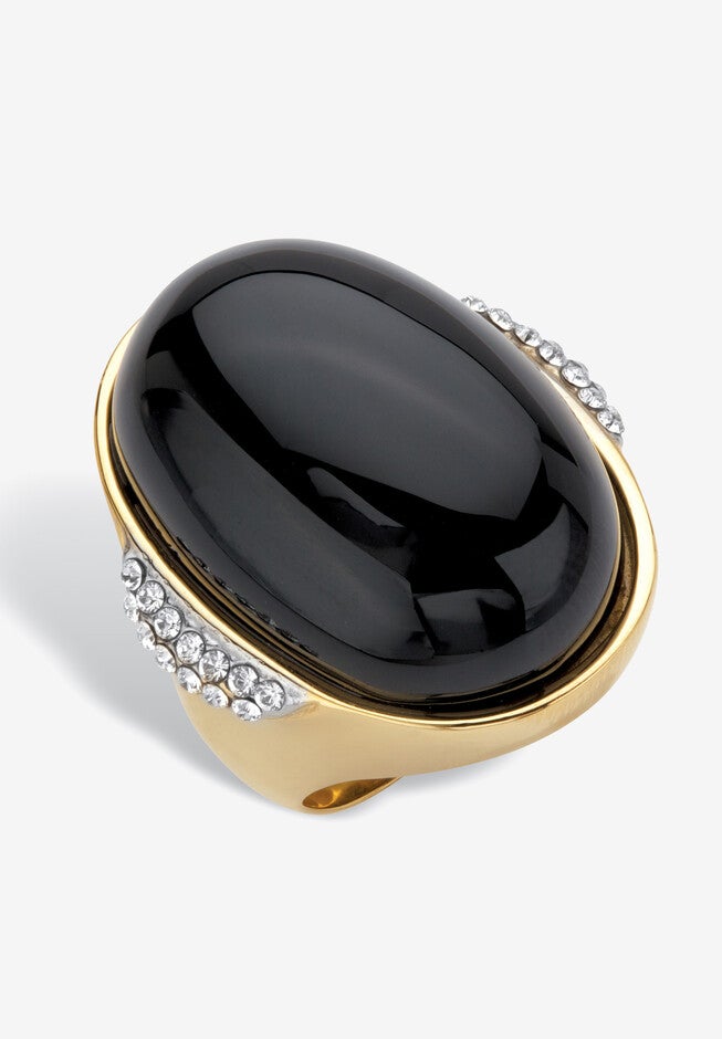 Yellow Gold Ion-Plated Stainless Steel Black Onyx and Crystal Ring, YELLOW GOLD, hi-res image number 0