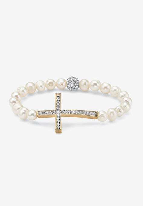 Gold Tone Cross Stretch Bracelet, Cultured Freshwater Pearl, 8", GOLD, hi-res image number null