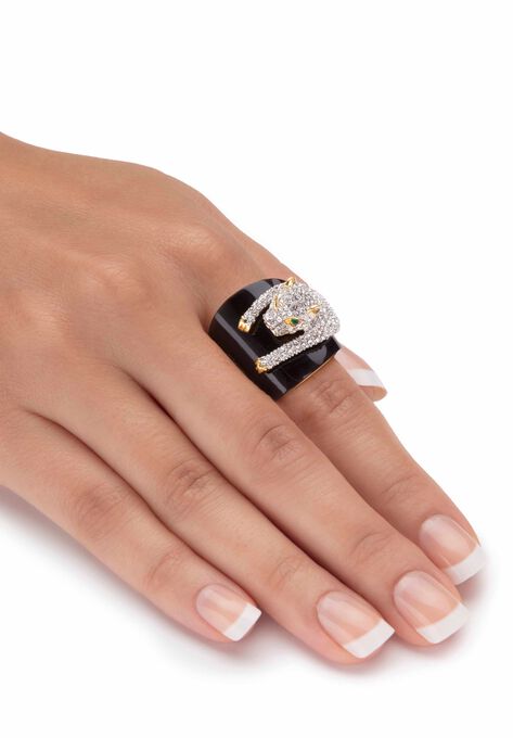 Yellow Gold-Plated Natural Black Onyx and Crystal Leopard Ring, , alternate image number null