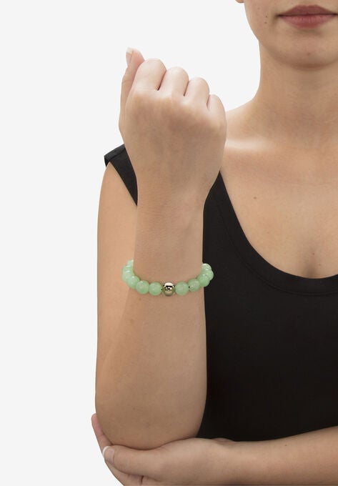 Yellow Gold Stretch Bracelet with Beaded Genuine Green Jade, 7", , alternate image number null