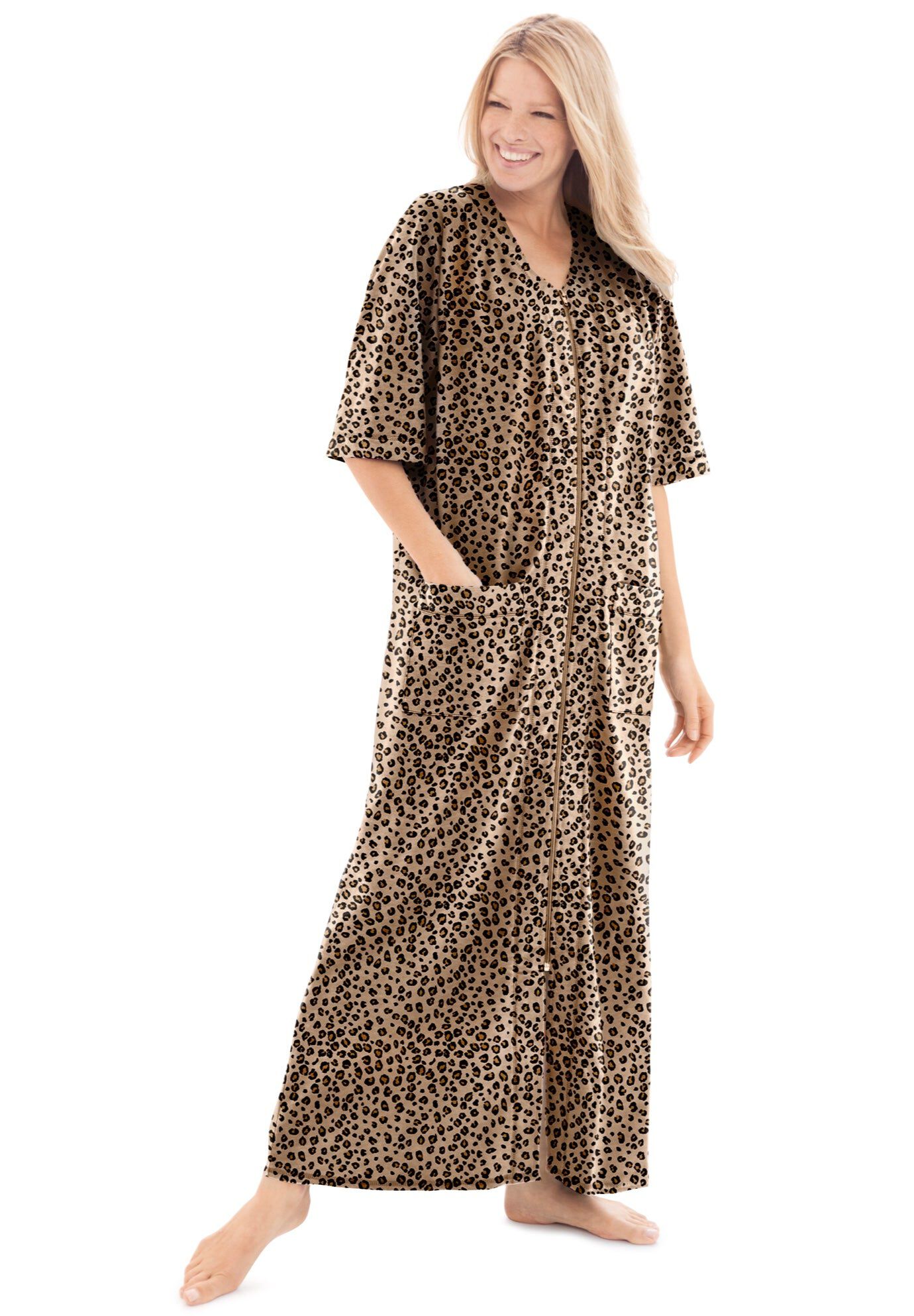Long French Terry Zip-Front Robe, CLASSIC LEOPARD, hi-res image number 0
