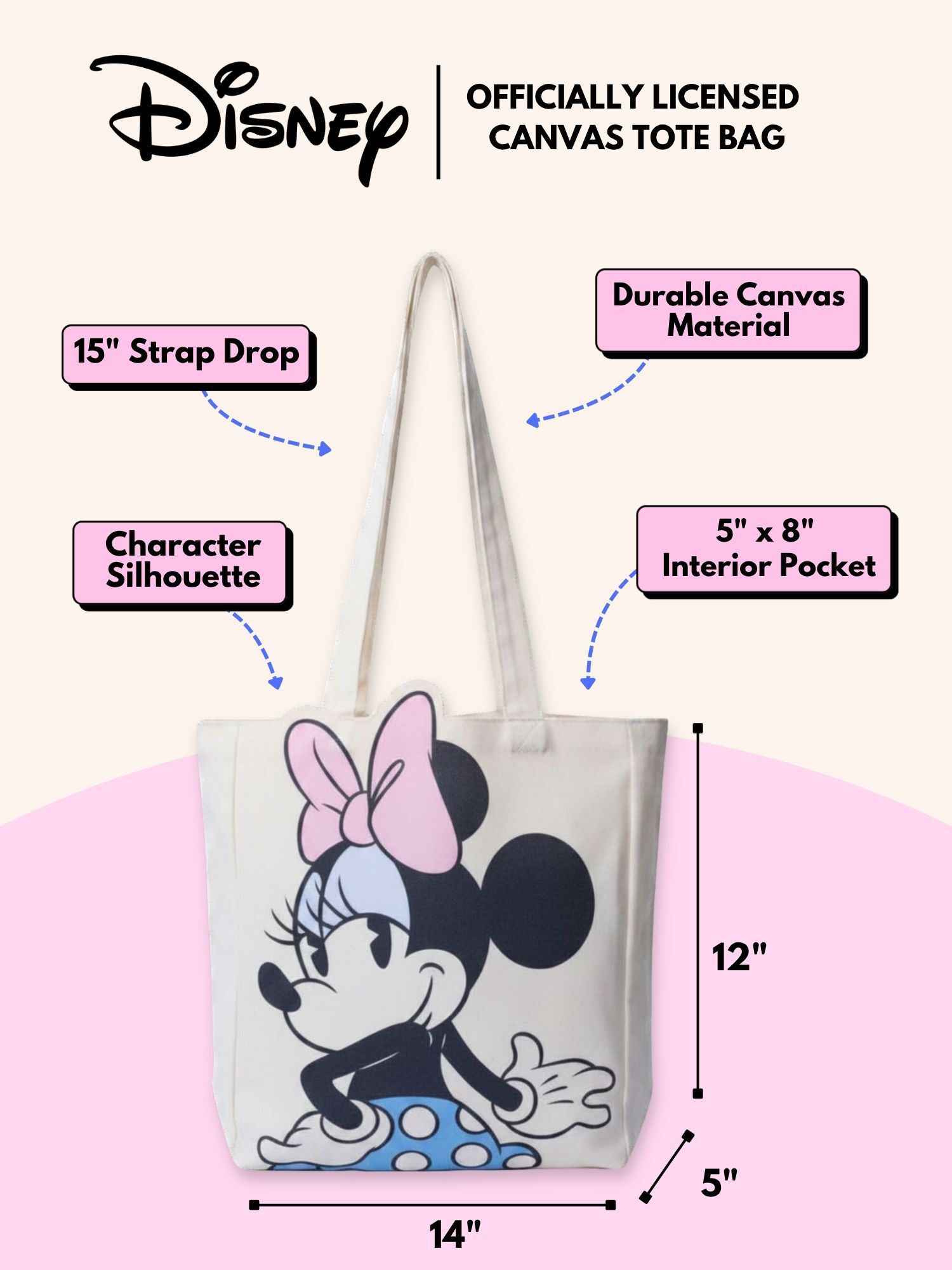 Disney Minnie Mouse Die-Cut Canvas Tote Bag with Shaped Top, BEIGE, alternate image number 6