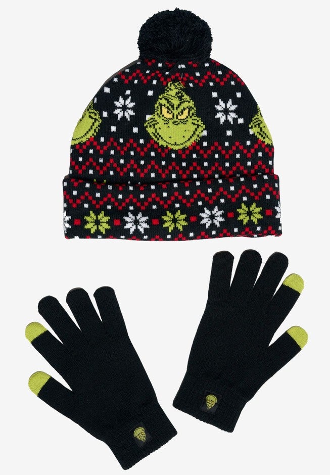 Women's Dr Seuss Grinch Knit Beanie Hat & Touch Screen Gloves Christmas, BLACK, on-hover image number null