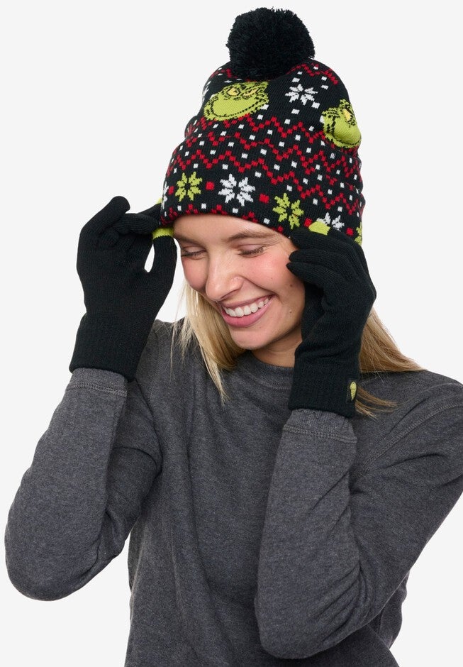 Women's Dr Seuss Grinch Knit Beanie Hat & Touch Screen Gloves Christmas, BLACK, alternate image number null