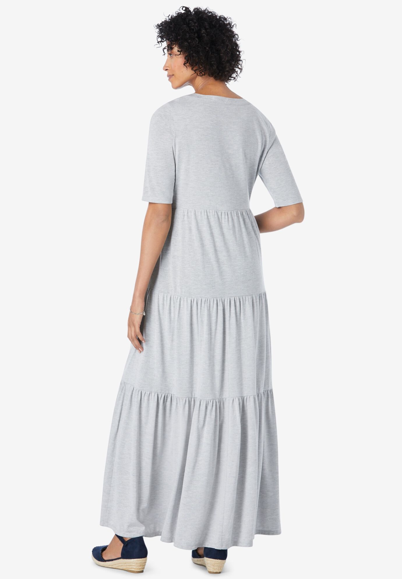 Elbow-Sleeve Tiered Henley Dress, , on-hover image number 1