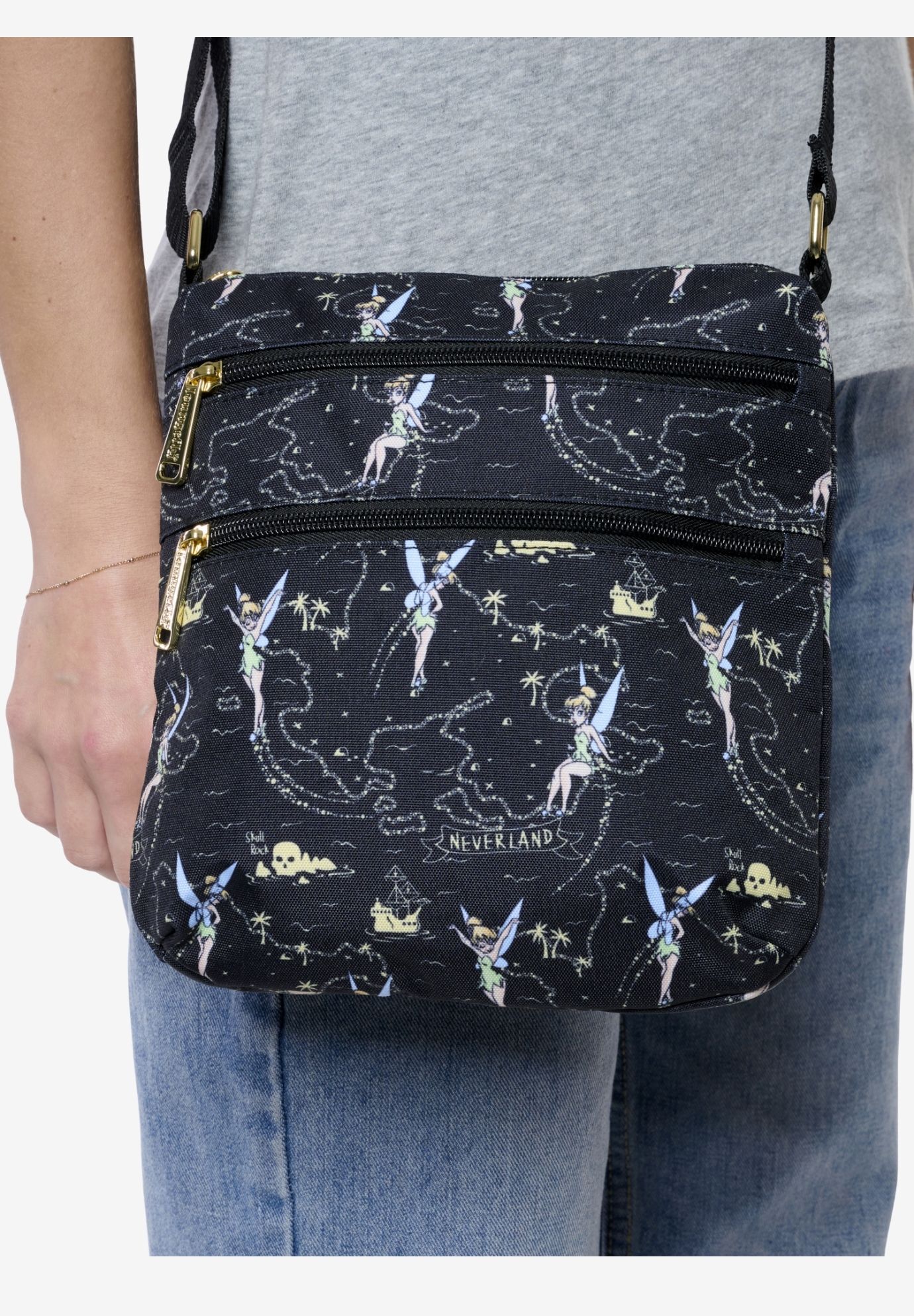 Loungefly Disney Tinker Bell Neverland Map Crossbody Bag Nylon Black, BLACK, alternate image number 4