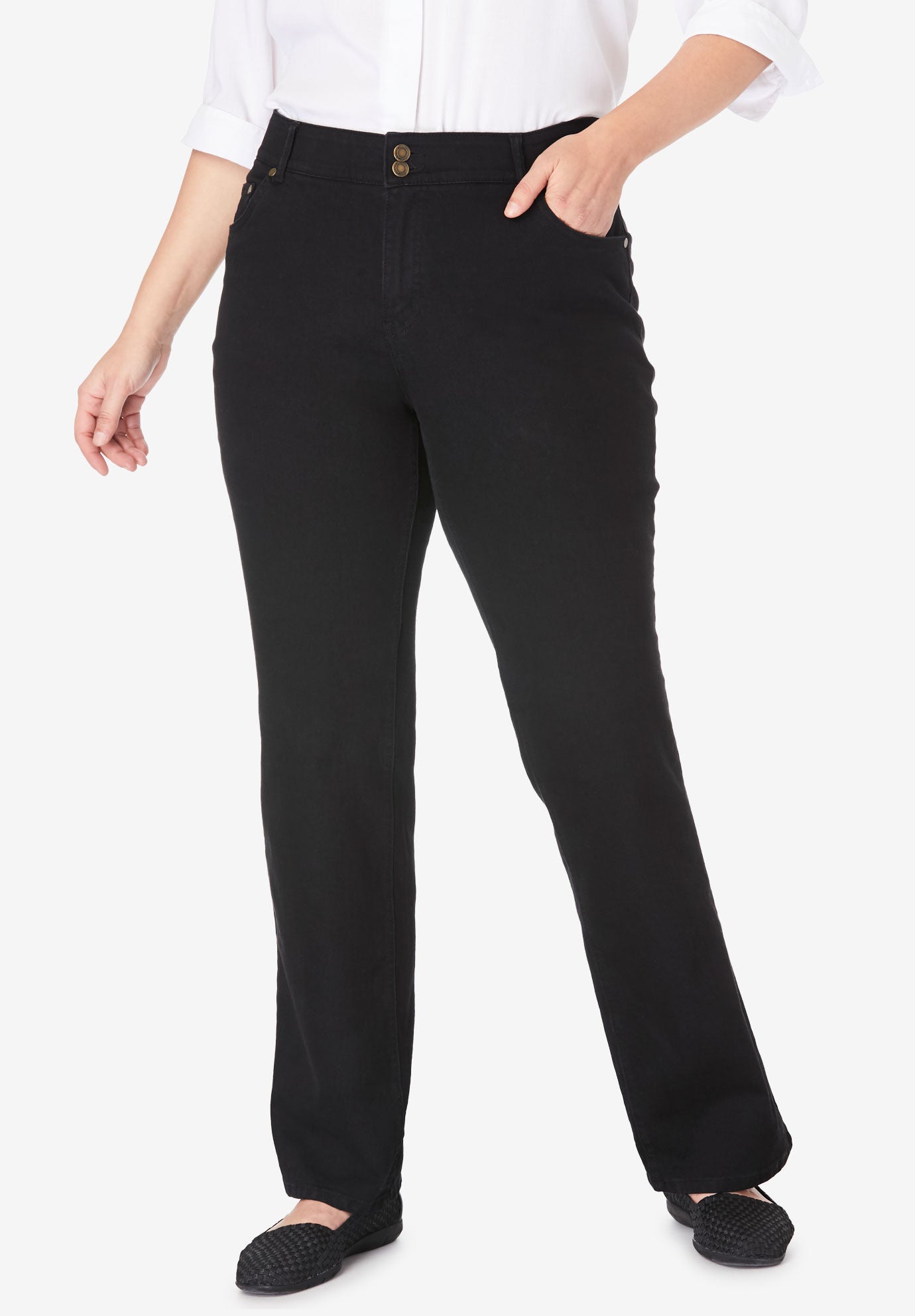 Stretch Built-in Slimming Panel Bootcut Jeans, BLACK DENIM, hi-res image number 0
