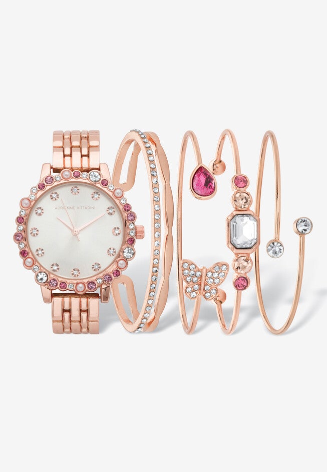 Goldtone Pink Crystal and Simulated Pearl 5 Piece Watch and Butterfly Bracelet Set, 7.5 inches, GOLD, hi-res image number null
