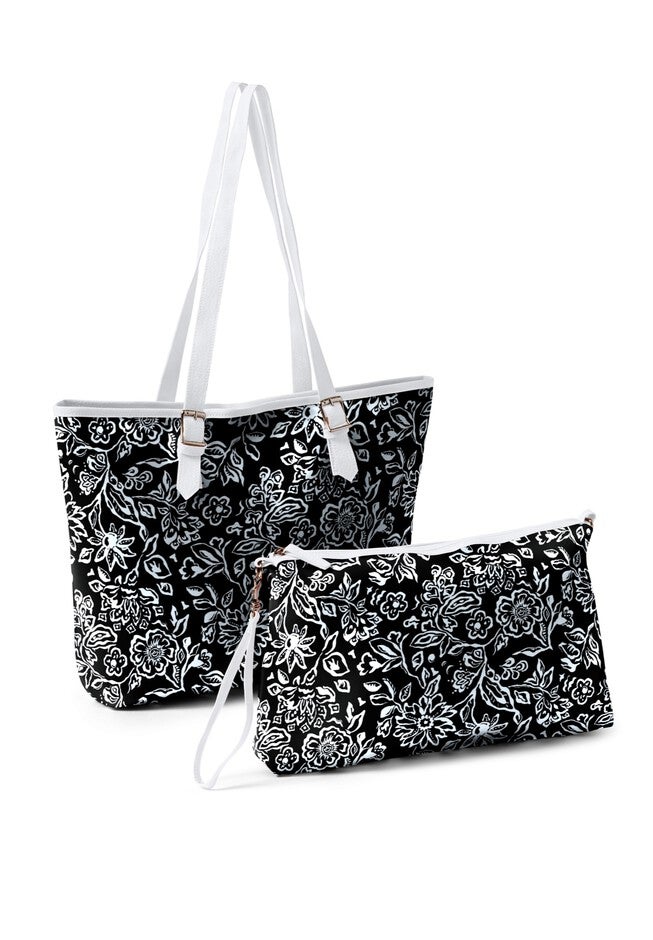 2-Piece Tote & Wristlet, BLACK STENCIL FLOWER, alternate image number null