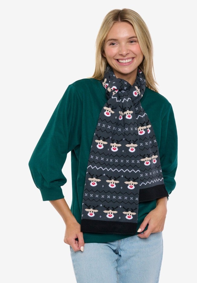 Womens Christmas Reindeer Knit Scarf 70 inches Fair Isle Double Sided Print, RED, hi-res image number null