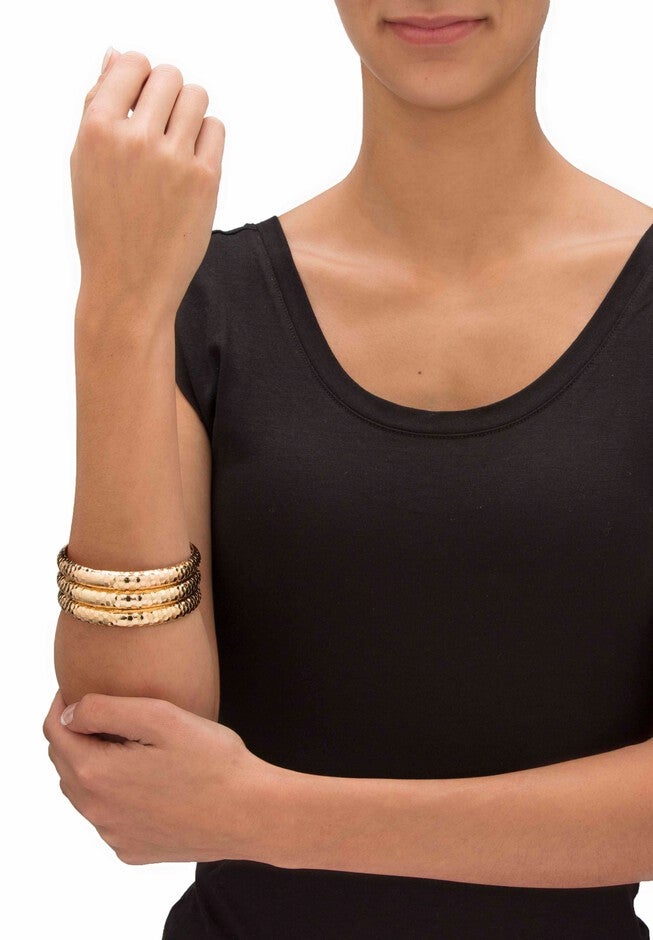 Goldtone Hammered 3-Piece Bracelet Set (11mm), 8.5 inches, , alternate image number null