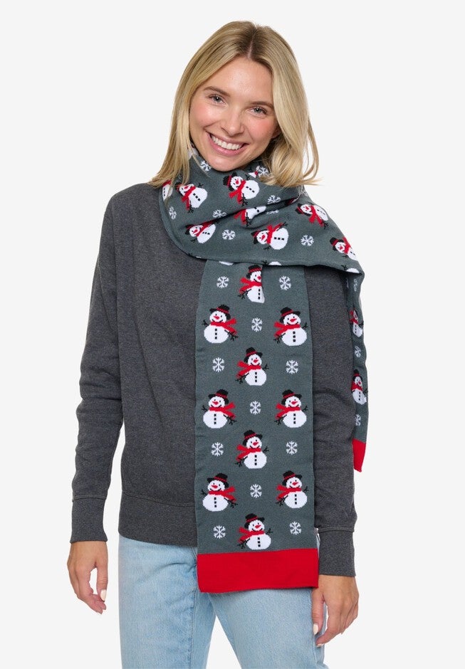 Womens Christmas Snowman Scarf 70 inches Fair Isle Knit Double Sided Print, RED, hi-res image number null