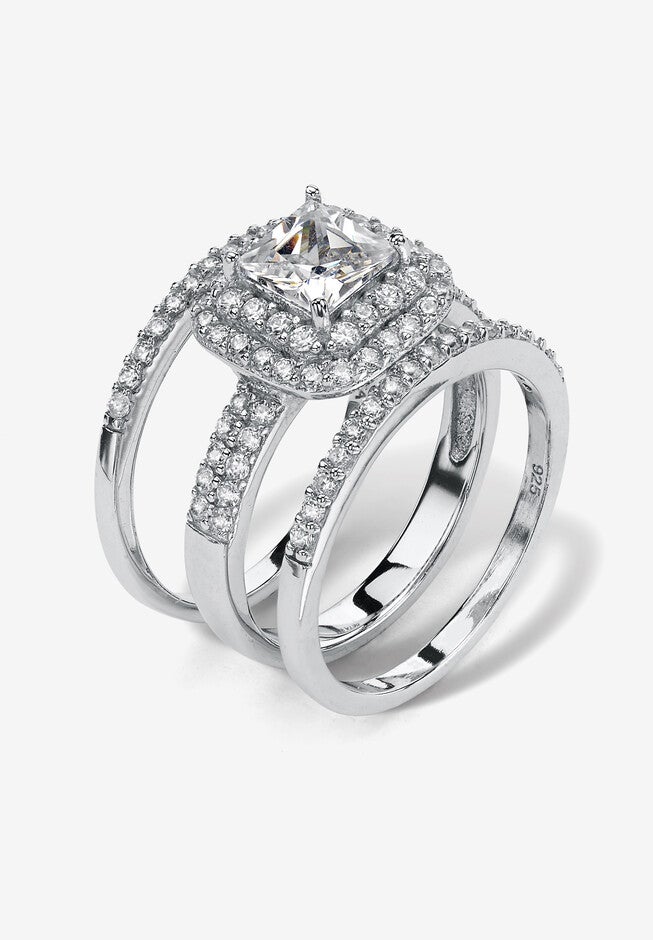 Platinum Over Sterling Silver Cubic Zirconia Halo 3-Piece Bridal Set, , on-hover image number null
