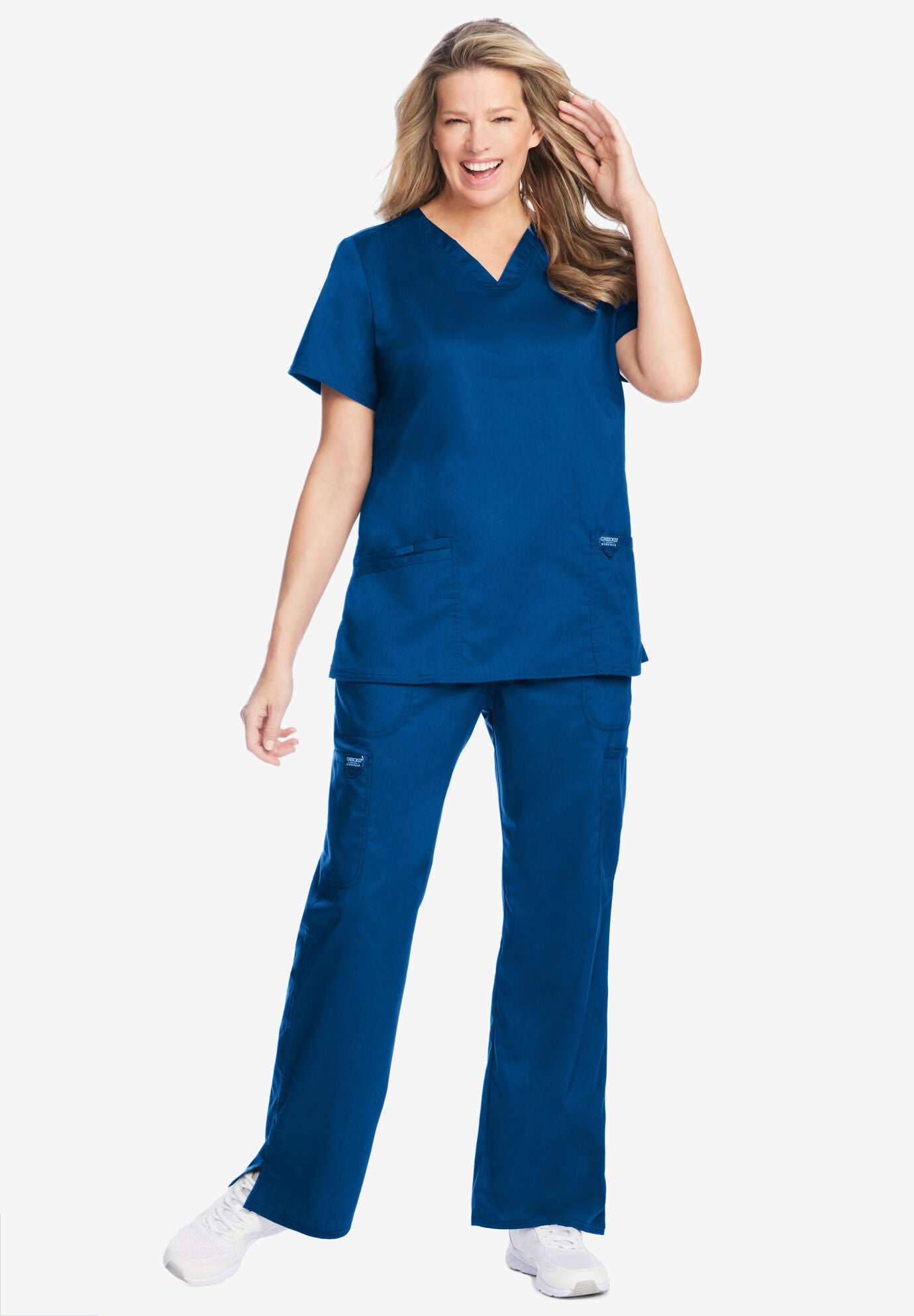 Modern Classic V-Neck Mock Wrap Scrub Top, ROYAL, hi-res image number 0