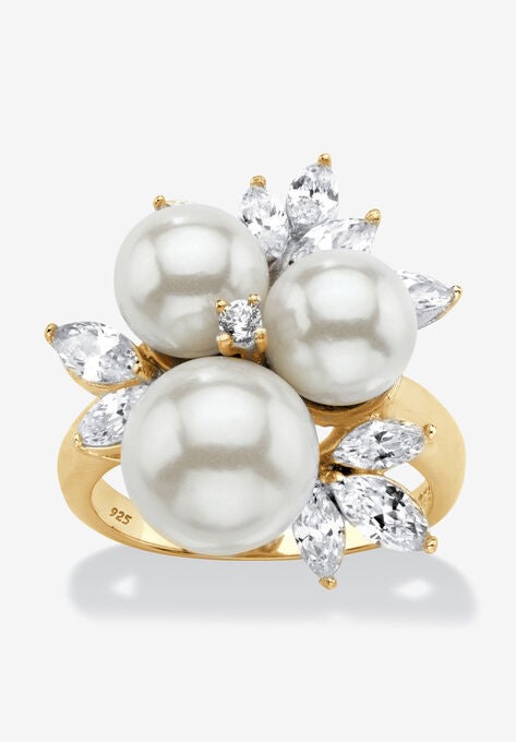 Yellow Gold over Sterling Silver Pearl and Cubic Zirconia Ring, YELLOW GOLD, hi-res image number null