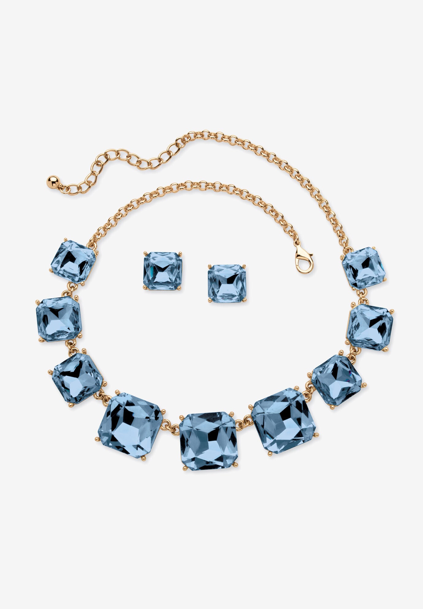 Gold Tone Necklace and Earring Set, Princess Cut Simulated Birthstones, MARCH, hi-res image number 0