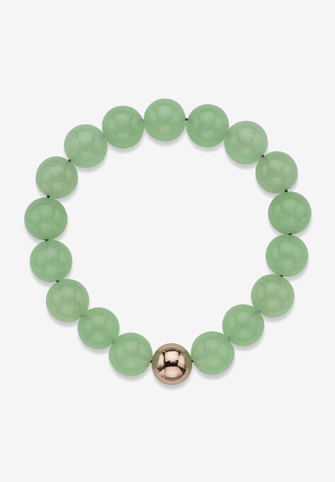 Yellow Gold Stretch Bracelet with Beaded Genuine Green Jade, 7", , on-hover image number null
