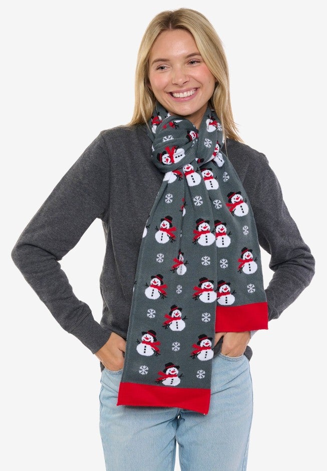 Womens Christmas Snowman Scarf 70 inches Fair Isle Knit Double Sided Print, RED, alternate image number null