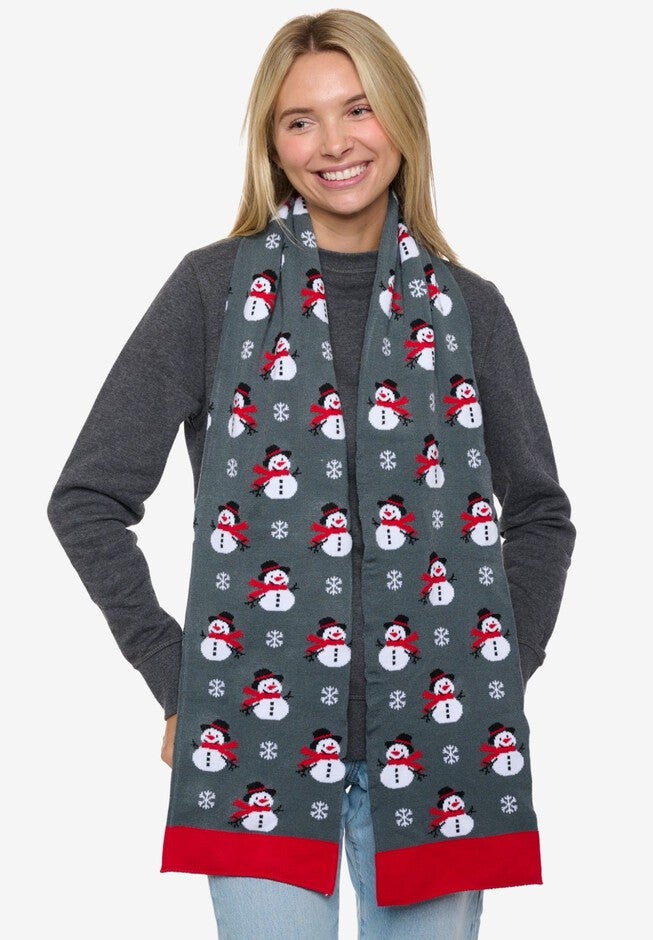 Womens Christmas Snowman Scarf 70 inches Fair Isle Knit Double Sided Print, RED, on-hover image number null