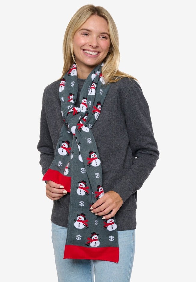 Womens Christmas Snowman Scarf 70 inches Fair Isle Knit Double Sided Print, RED, alternate image number null